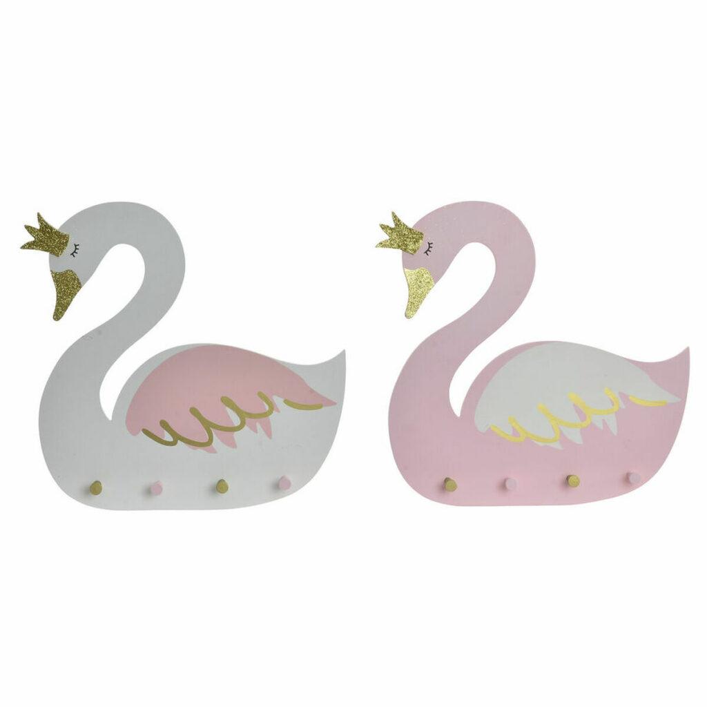 Bengaleiro de parede DKD Home Decor 40 x 4 x 38,5 cm Madeira Branco Rosa Claro Cisne (2 Unidades)