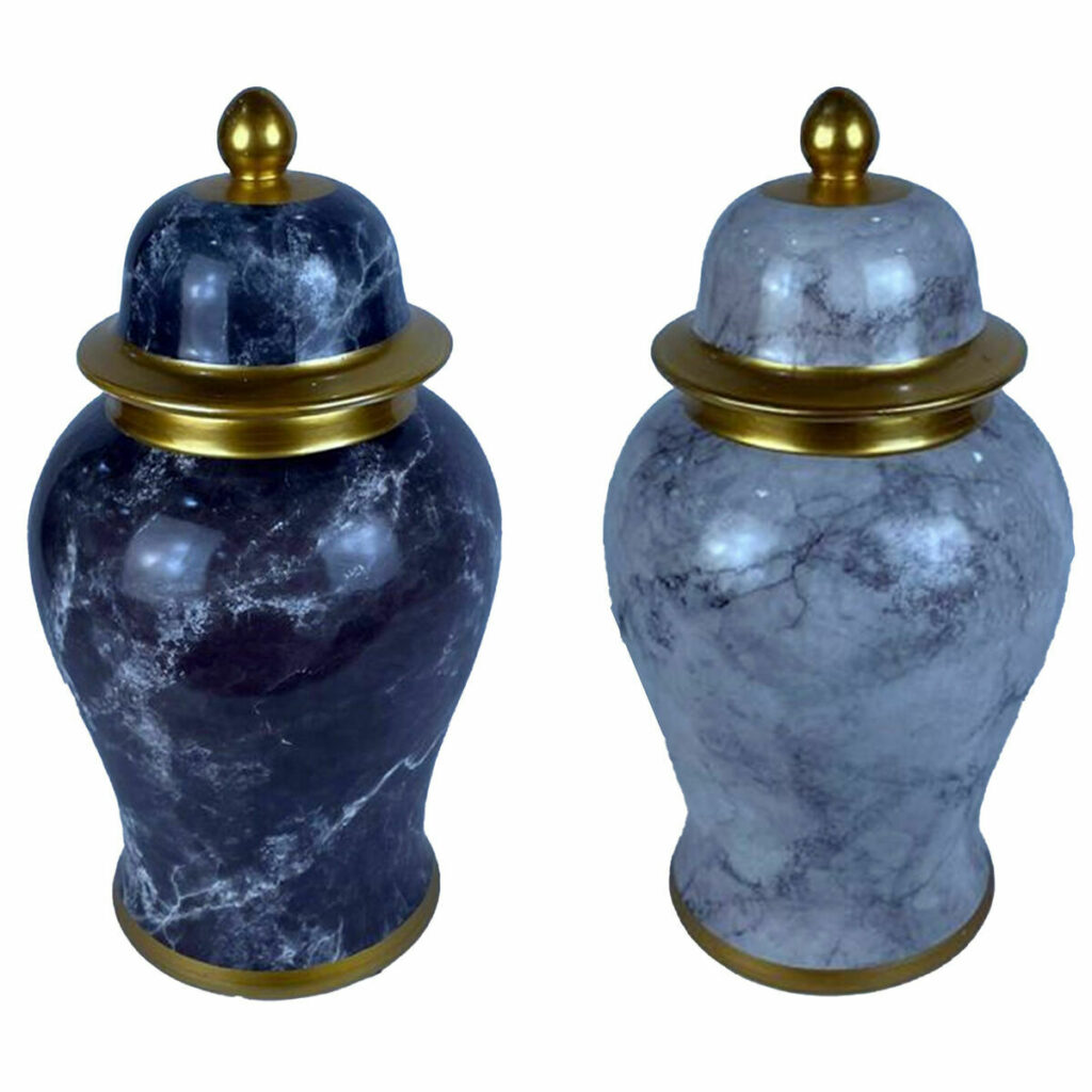 Tibor DKD Home Decor 22 x 22 x 42 cm 22 x 22 x 44 cm Porcelana Azul Dourado Mármore Moderno (2 Unidades)